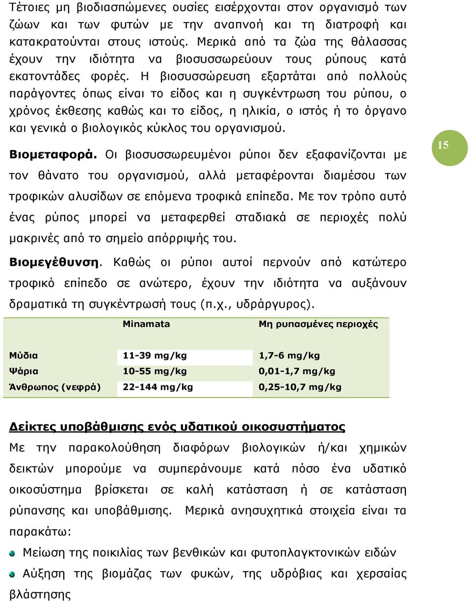 Η βιοσυσσώρευση εξαρτάται από πολλούς παράγοντες όπως είναι το είδος και η συγκέντρωση του ρύπου, ο χρόνος έκθεσης καθώς και το είδος, η ηλικία, ο ιστός ή το όργανο και γενικά ο βιολογικός κύκλος του