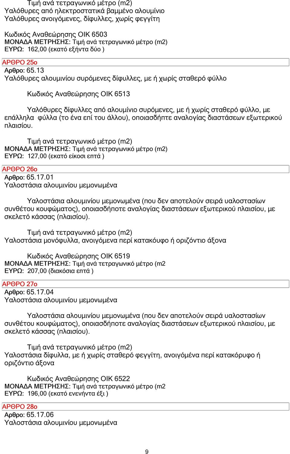 του άλλου), οποιασδήπτε αναλογίας διαστάσεων εξωτερικού πλαισίου. ΜΟΝΑ Α ΜΕΤΡΗΣΗΣ: ΕΥΡΩ: 127,00 (εκατό είκοσι επτά ) ΑΡΘΡΟ 26ο Αρθρο: 65.17.