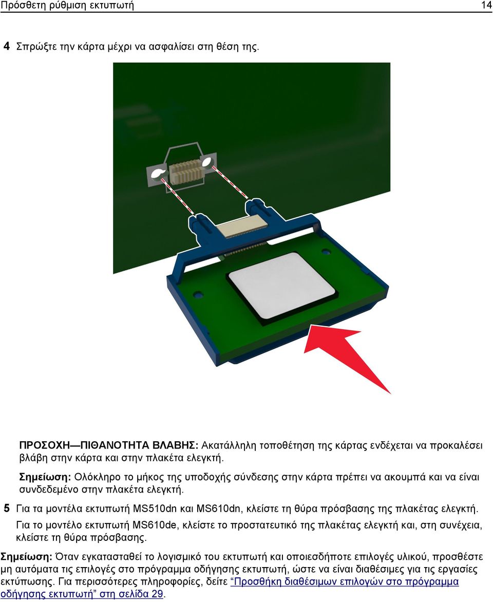 Σημείωση: Ολόκληρο το μήκος της υποδοχής σύνδεσης στην κάρτα πρέπει να ακουμπά και να είναι συνδεδεμένο στην πλακέτα ελεγκτή.