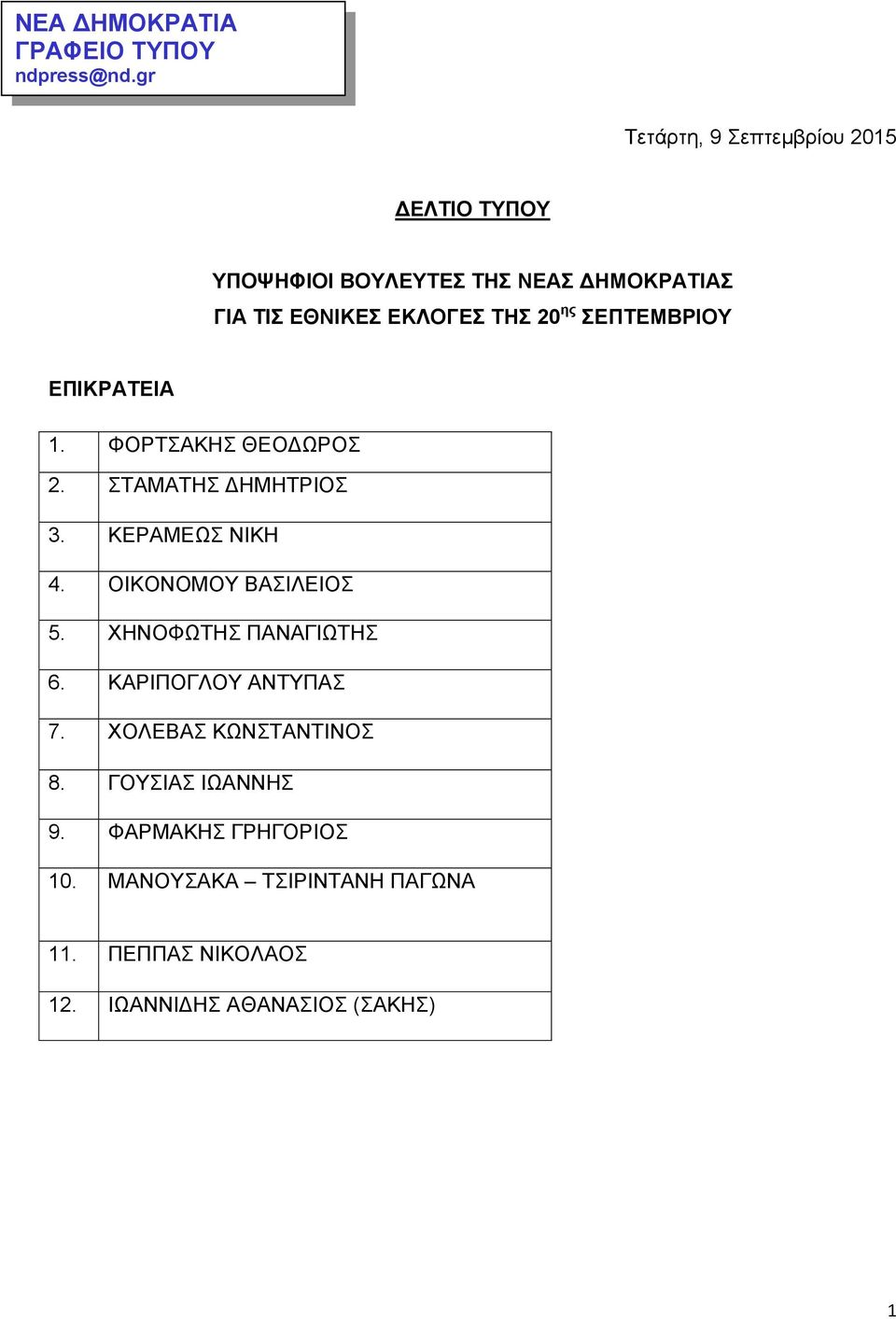 ης ΣΕΠΤΕΜΒΡΙΟΥ ΕΠΙΚΡΑΤΕΙΑ 1. ΦΟΡΤΣΑΚΗΣ ΘΕΟΔΩΡΟΣ 2. ΣΤΑΜΑΤΗΣ ΔΗΜΗΤΡΙΟΣ 3. ΚΕΡΑΜΕΩΣ ΝΙΚΗ 4. ΟΙΚΟΝΟΜΟΥ ΒΑΣΙΛΕΙΟΣ 5.