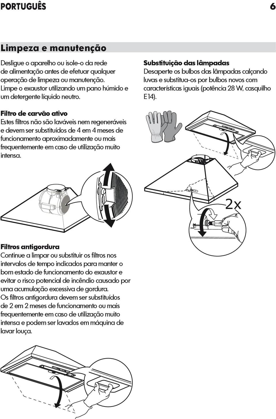 Substituição das lâmpadas Desaperte os bulbos das lâmpadas calçando luvas e substitua-os por bulbos novos com características iguais (potência 28 W, casquilho E14).