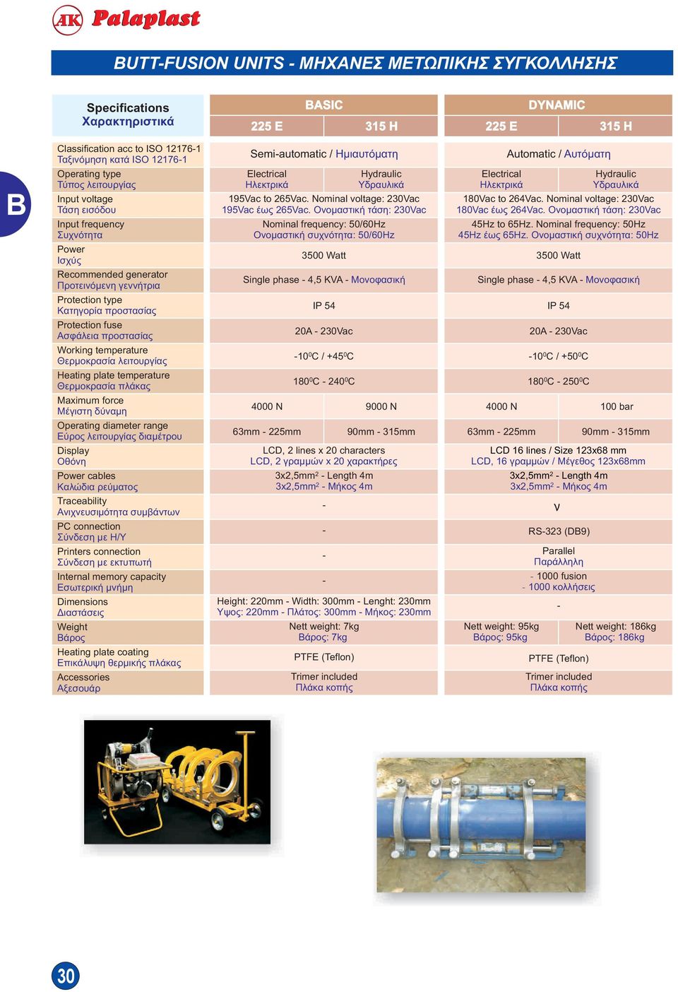 Heating plate temperature Θερμοκρασία πλάκας Maximum force Μέγιστη δύναμη Operating diameter range Εύρος λειτουργίας διαμέτρου Display Οθόνη Power cables Καλώδια ρεύματος Traceability Ανιχνευσιμότητα