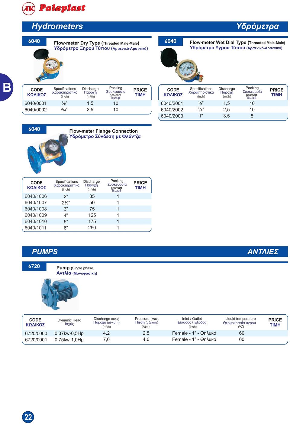 Τεμ/κιβ 64 Flow-meter Flange Connection Υδρόμετρο Σύνδεση με Φλάντζα 64/6 64/7 64/8 64/9 64/ 64/ (inch) 2 2½ 3 4 6 Discharge Παροχή 3 (m /h) 3 2 Packing Συσκευασία pcs/cart Τεμ/κιβ PUMPS ΑΝΤΛΙΕΣ 672