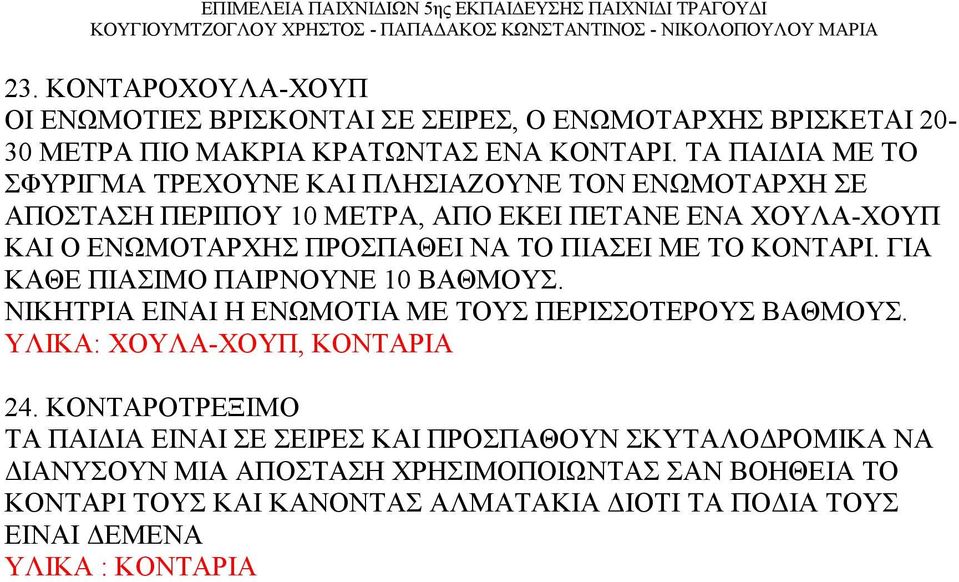 ΠΙΑΣΕΙ ΜΕ ΤΟ ΚΟΝΤΑΡΙ. ΓΙΑ ΚΑΘΕ ΠΙΑΣΙΜΟ ΠΑΙΡΝΟΥΝΕ 10 ΒΑΘΜΟΥΣ. ΝΙΚΗΤΡΙΑ ΕΙΝΑΙ Η ΕΝΩΜΟΤΙΑ ΜΕ ΤΟΥΣ ΠΕΡΙΣΣΟΤΕΡΟΥΣ ΒΑΘΜΟΥΣ. ΥΛΙΚΑ: ΧΟΥΛΑ-ΧΟΥΠ, ΚΟΝΤΑΡΙΑ 24.