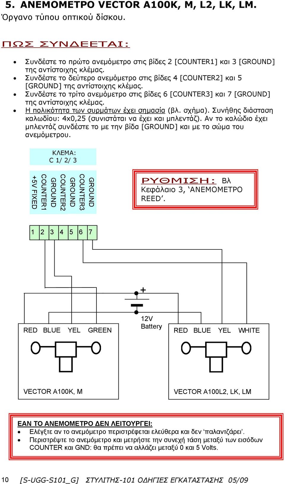 Η πολικότητα των συρμάτων έχει σημασία (βλ. σχήμα). Συνήθης διάσταση καλωδίου: 4x0,5 (συνιστάται να έχει και μπλεντάζ).