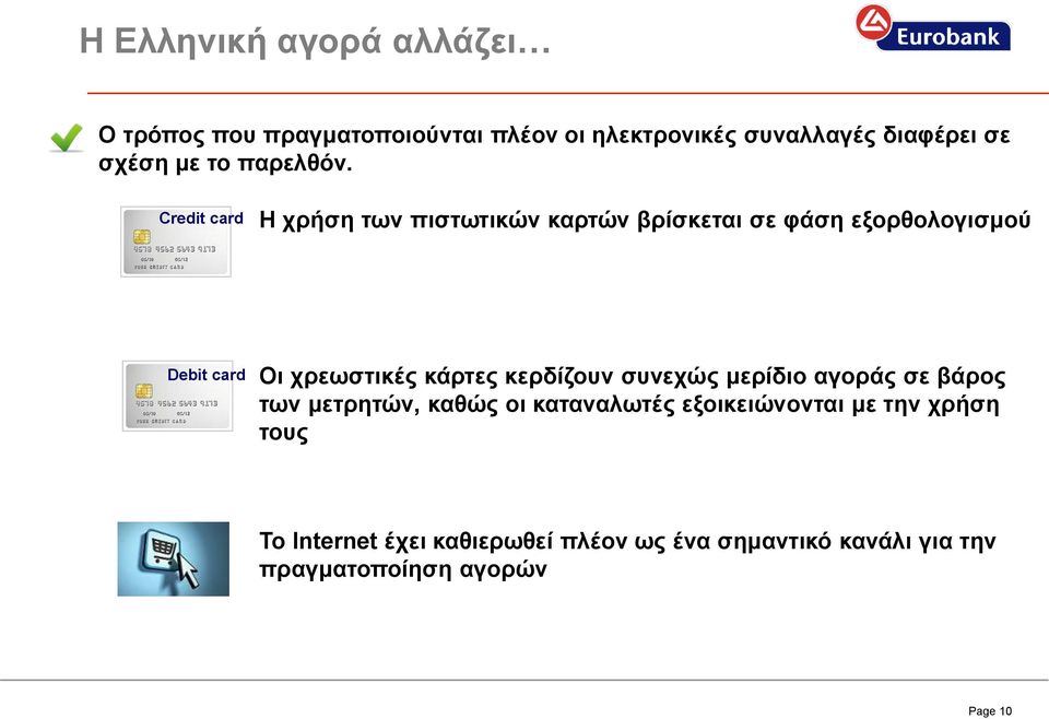Credit card Η χρήση των πιστωτικών καρτών βρίσκεται σε φάση εξορθολογισμού Debit card Οι χρεωστικές κάρτες