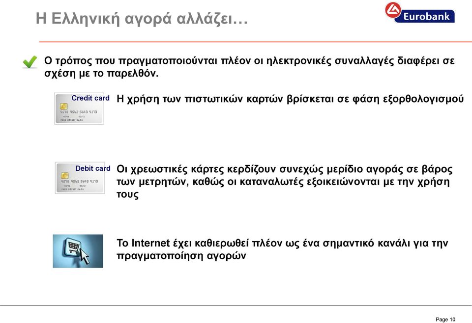 Credit card Η χρήση των πιστωτικών καρτών βρίσκεται σε φάση εξορθολογισμού Debit card Οι χρεωστικές κάρτες
