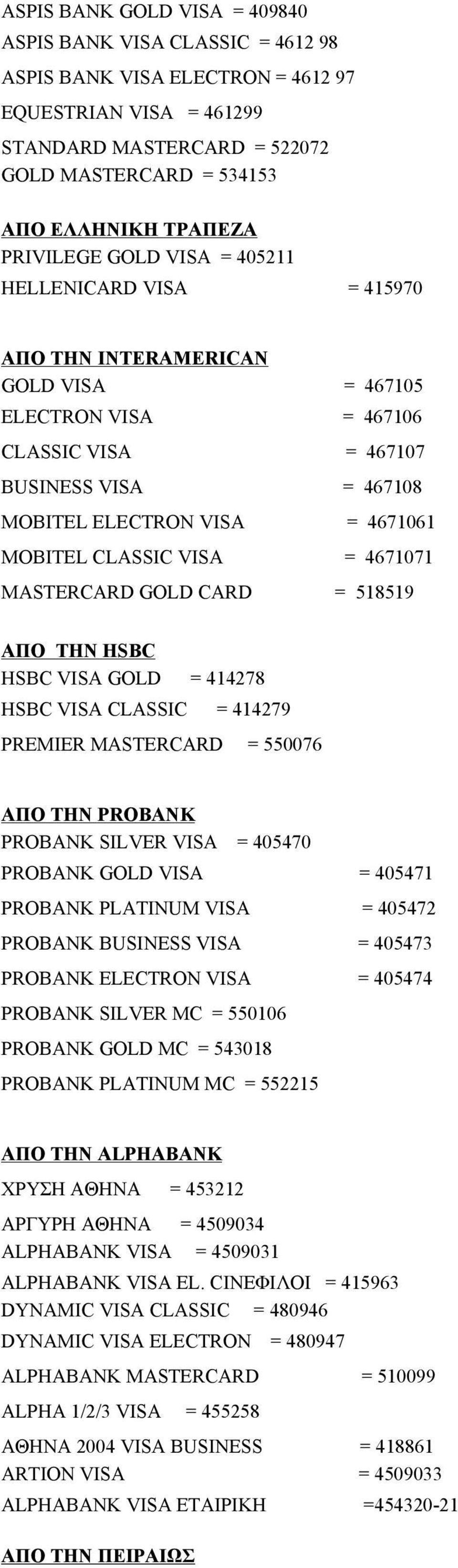 MOBITEL CLASSIC VISA = 4671071 MASTERCARD GOLD CARD = 518519 ΑΠΟ ΤΗΝ HSBC HSBC VISA GOLD = 414278 HSBC VISA CLASSIC = 414279 PREMIER MASTERCARD = 550076 ΑΠΟ THN PROBANK PROBANK SILVER VISA = 405470