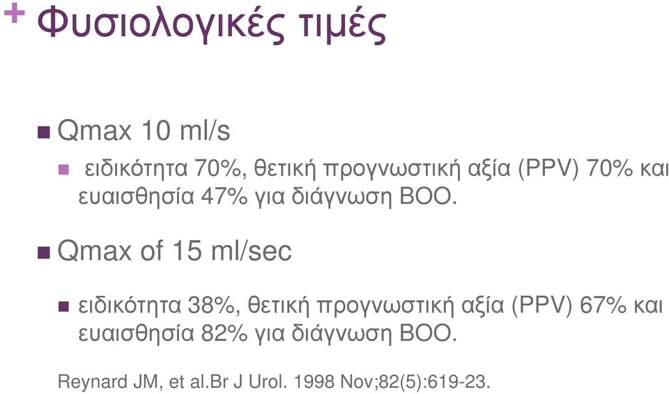 Qmax of 15 ml/sec ειδικότητα 38%, θετική προγνωστική αξία (PPV) 67%