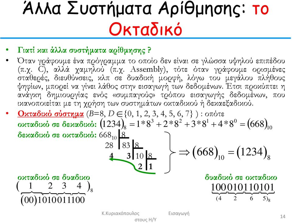 Έτσι προκύπτει η ανάγκη δημιουργίας ενός «συμπαγούς» τρόπου εισαγωγής δεδομένων, που ικανοποιείται με τη χρήση των συστημάτων οκταδικού ή δεκαεξαδικού.