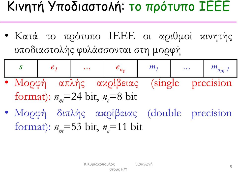 Μορφή απλής ακρίβειας (single precision format): n m =24 bit, n e =8