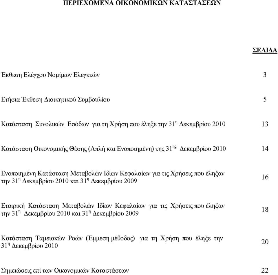 Χρήσεις που έληξαν την 31 η Δεκεμβρίου 2010 και 31 η Δεκεμβρίου 2009 16 Εταιρική Κατάσταση Μεταβολών Ιδίων Κεφαλαίων για τις Χρήσεις που έληξαν την 31 η Δεκεμβρίου