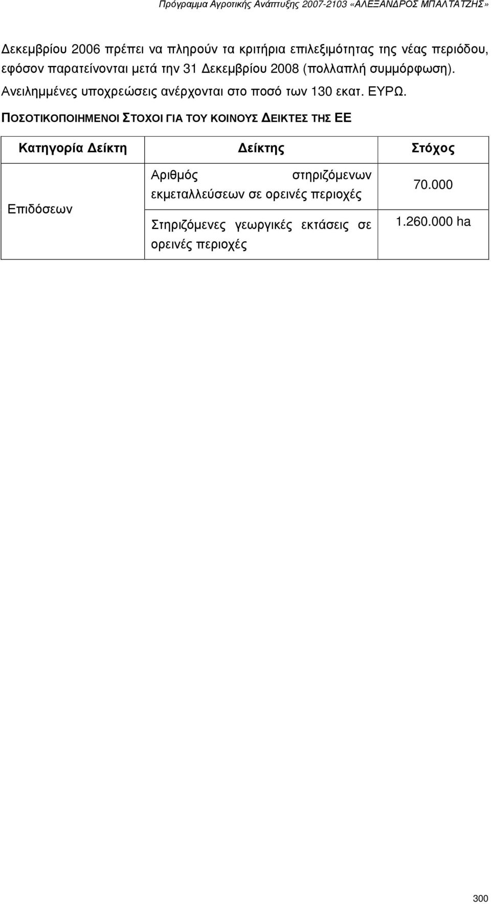 ΠΟΣΟΤΙΚΟΠΟΙΗΜΕΝΟΙ ΣΤΟΧΟΙ ΓΙΑ ΤΟΥ ΚΟΙΝΟΥΣ ΕΙΚΤΕΣ ΤΗΣ ΕΕ Κατηγορία είκτη είκτης Στόχος Επιδόσεων Αριθµός