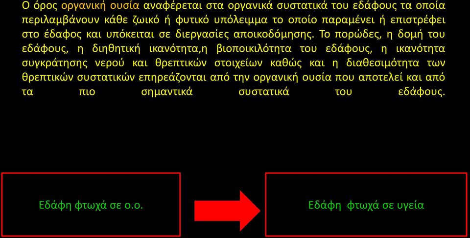 Το πορώδες, η δομή του εδάφους, η διηθητική ικανότητα,η βιοποικιλότητα του εδάφους, η ικανότητα συγκράτησης νερού και θρεπτικών