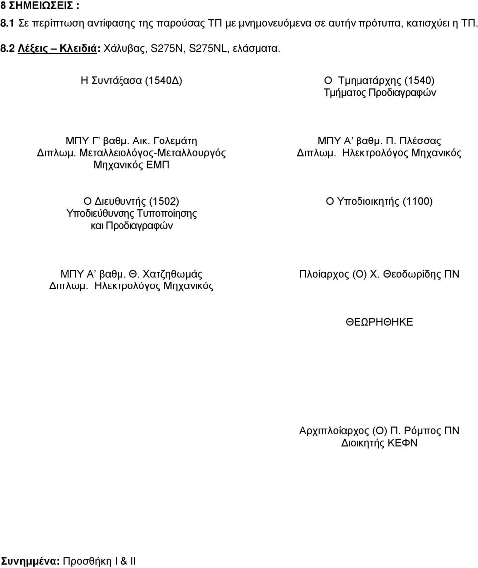 Ηλεκτρολόγος Μηχανικός Ο Διευθυντής (1502) Υποδιεύθυνσης Τυποποίησης και Προδιαγραφών Ο Υποδιοικητής (1100) MΠΥ Α βαθμ. Θ. Χατζηθωμάς Διπλωμ.