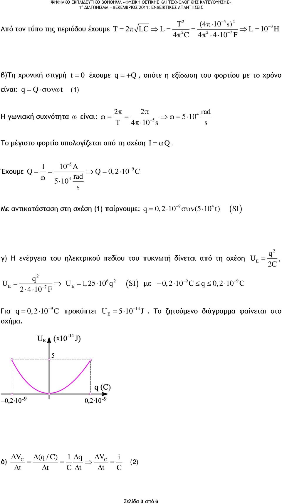 Έχουμε 5 I A 9 Q = = Q =, C 4 rad ω 5 s 9 4 Με αντικατάσταση στη σχέση () παίρνουμε: q =, συν(5 t) ( SI) γ) Η ενέργεια του ηλεκτρικού πεδίου του πυκνωτή δίνεται από τη σχέση q 4