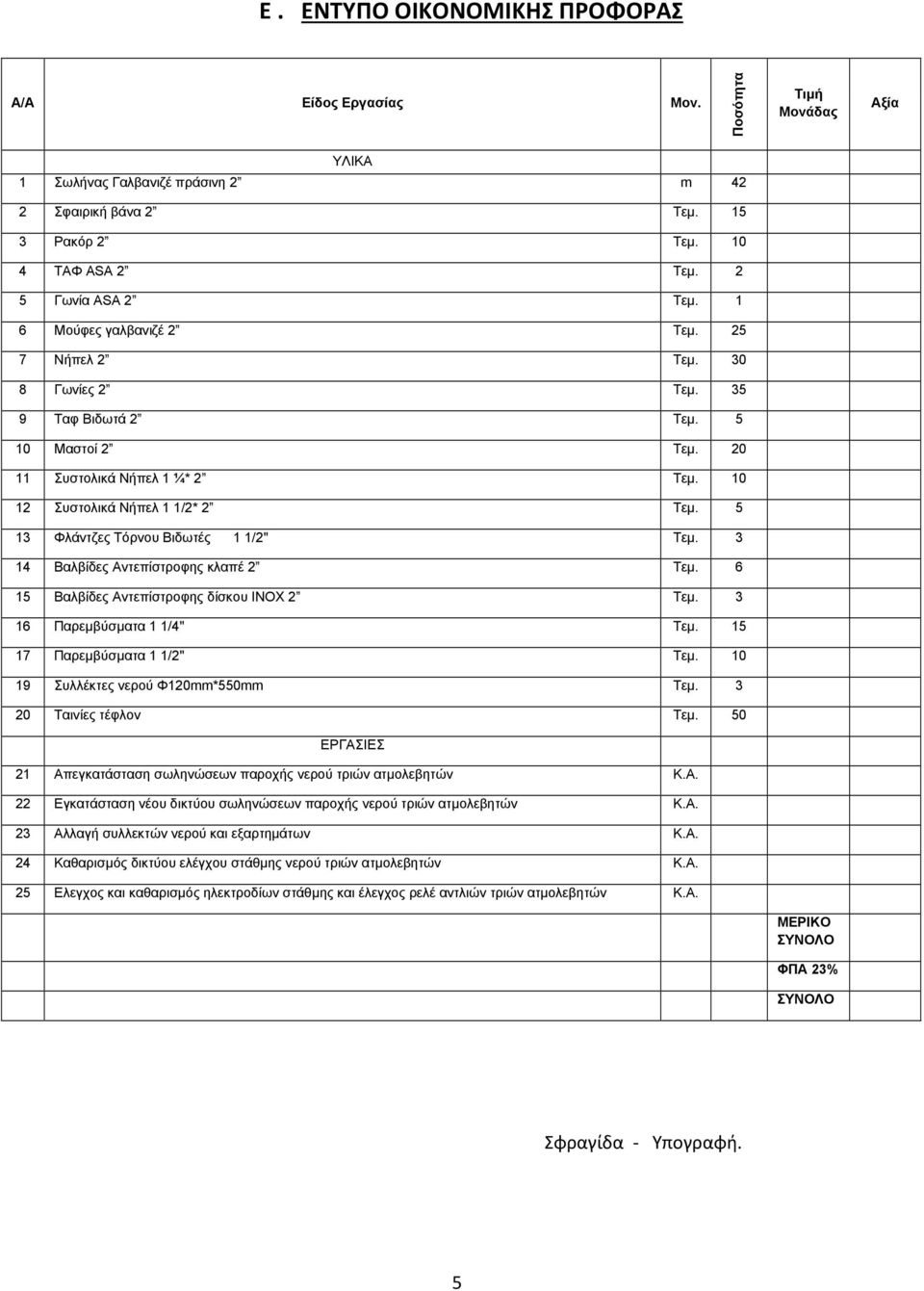 5 13 Φλάντζες Τόρνου Βιδωτές 1 1/2" Τεμ. 3 14 Βαλβίδες Αντεπίστροφης κλαπέ 2 Τεμ. 6 15 Βαλβίδες Αντεπίστροφης δίσκου ΙΝΟΧ 2 Τεμ. 3 16 Παρεμβύσματα 1 1/4" Τεμ. 15 17 Παρεμβύσματα 1 1/2" Τεμ.