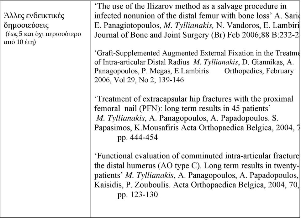 Lambiri Journal of Bone and Joint Surgery (Br) Feb 2006;88 B:232-23 Graft-Supplemented Augmented External Fixation in the Treatme of Intra-articular Distal Radius M. Tyllianakis, D. Giannikas, A.