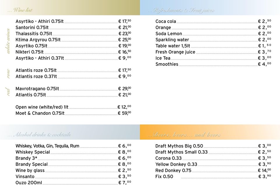 37lt 9, 00 Coca cola 2, 50 Orange 2, 00 Soda Lemon 2, 00 Sparkling water 2, 00 Table water 1,5lt 1, 5 0 Fresh Orange juice 3, 7 0 Ice Tea 3, 0 0 Smoothies 4, 00 red Mavrotragano 0.