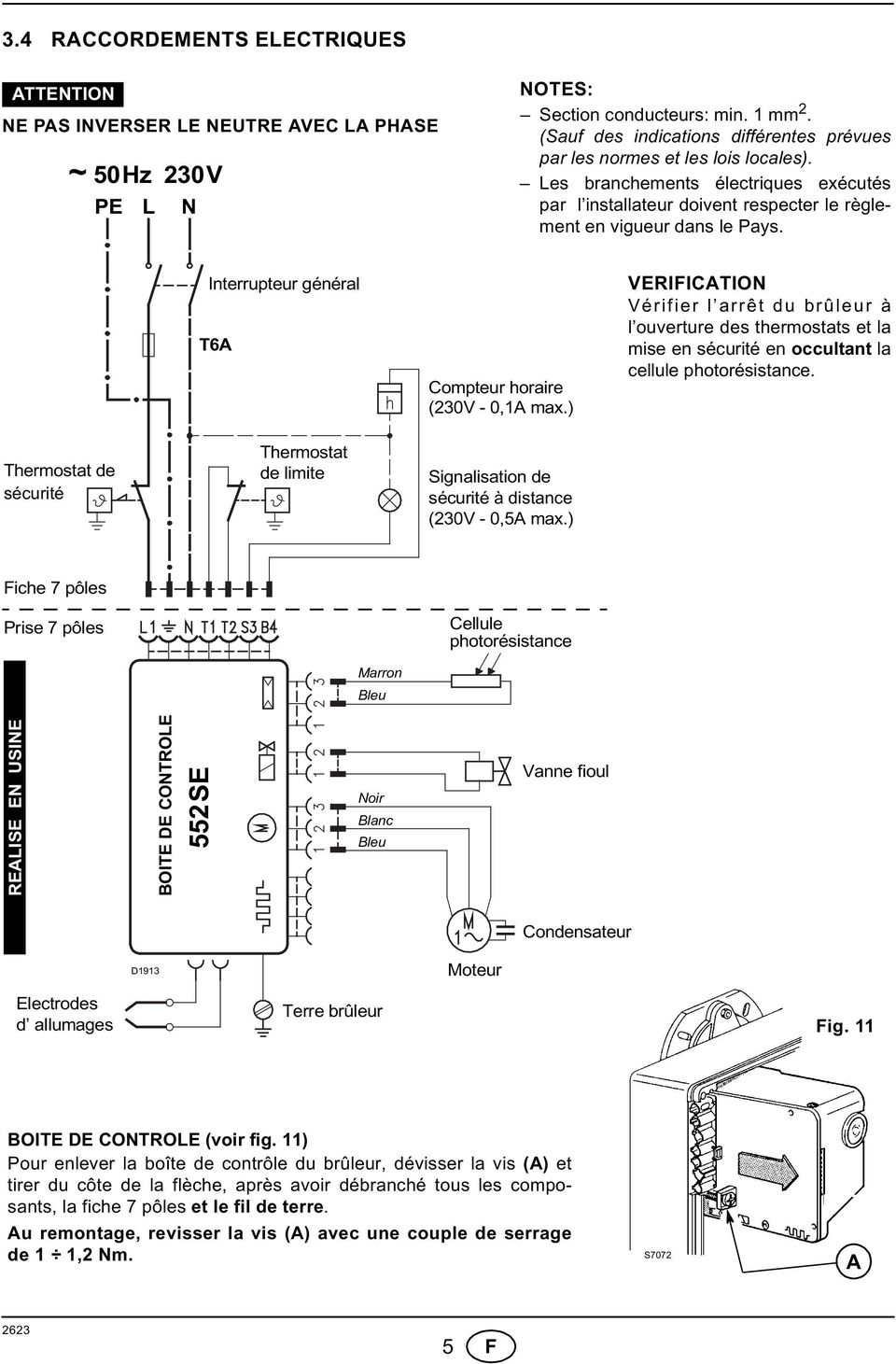 Interrupteur général T6A Compteur horaire (230V - 0,A max.) VERIFICATION Vérifier l arrêt du brûleur à l ouverture des thermostats et la mise en sécurité en occultant la cellule photorésistance.
