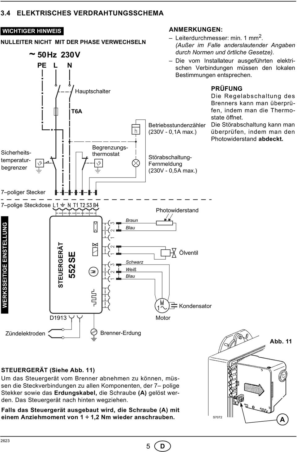 auptschalter T6A Betriebsstundenzähler (230V - 0,A max.) PRÜFUNG Die Regelabschaltung des Brenners kann man überprüfen, indem man die Thermostate öffnet.