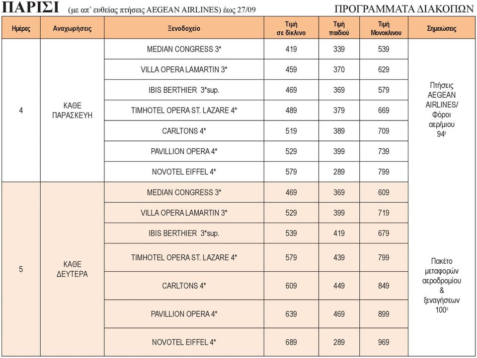 LAZARE * 89 379 669 CARLTONS * 19 389 709 ΑΕGEAN AIRLINES/ 9 ε PAVILLION OPERA * 29 399 739 NOVOTEL EIFFEL * 79 289 799