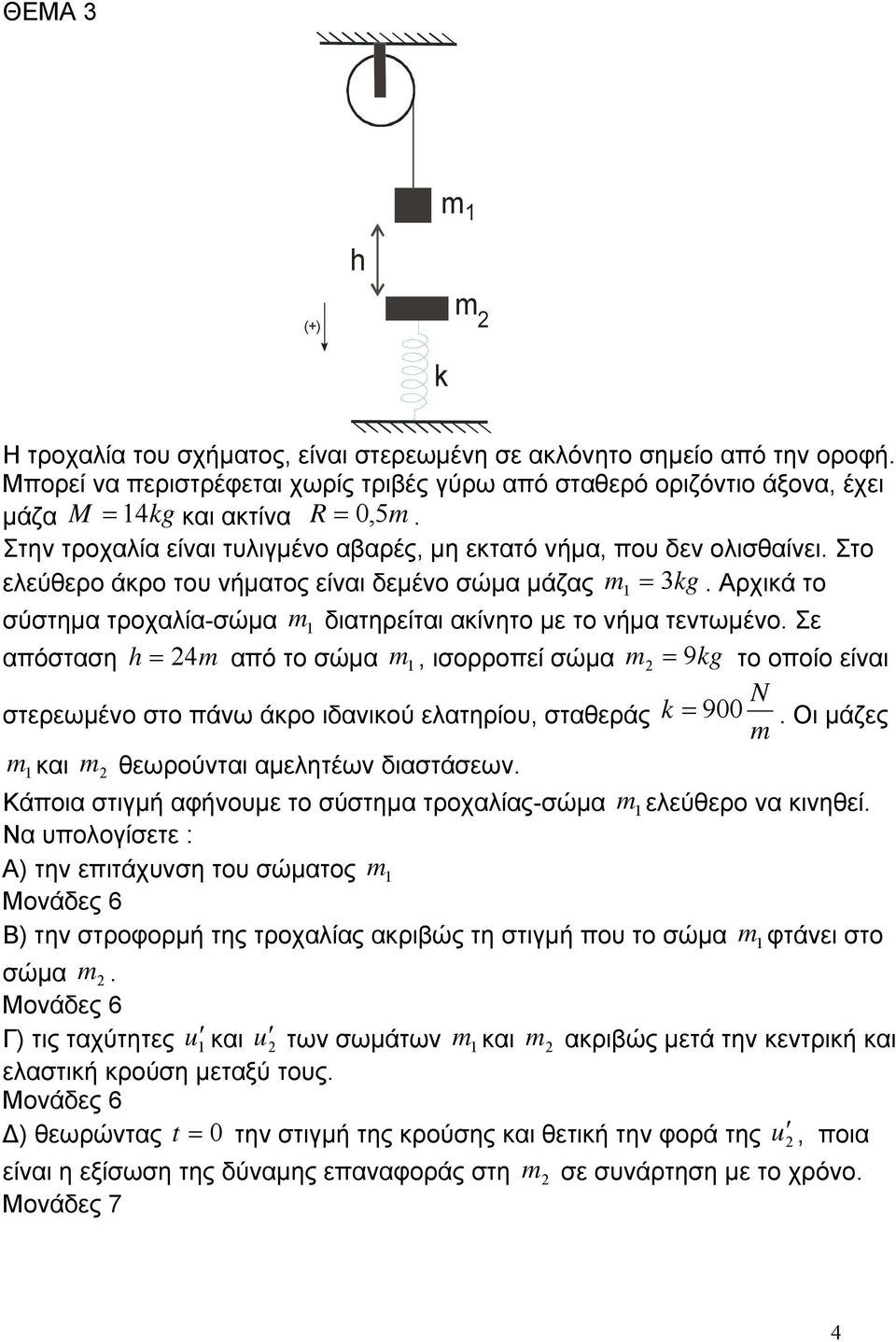 Αρχικά το σύστηµα τροχαλία-σώµα διατηρείται ακίνητο µε το νήµα τεντωµένο. Σε απόσταση h από το σώµα, ισορροπεί σώµα 9kg το οποίο είναι N στερεωµένο στο πάνω άκρο ιδανικού ελατηρίου, σταθεράς k 900.