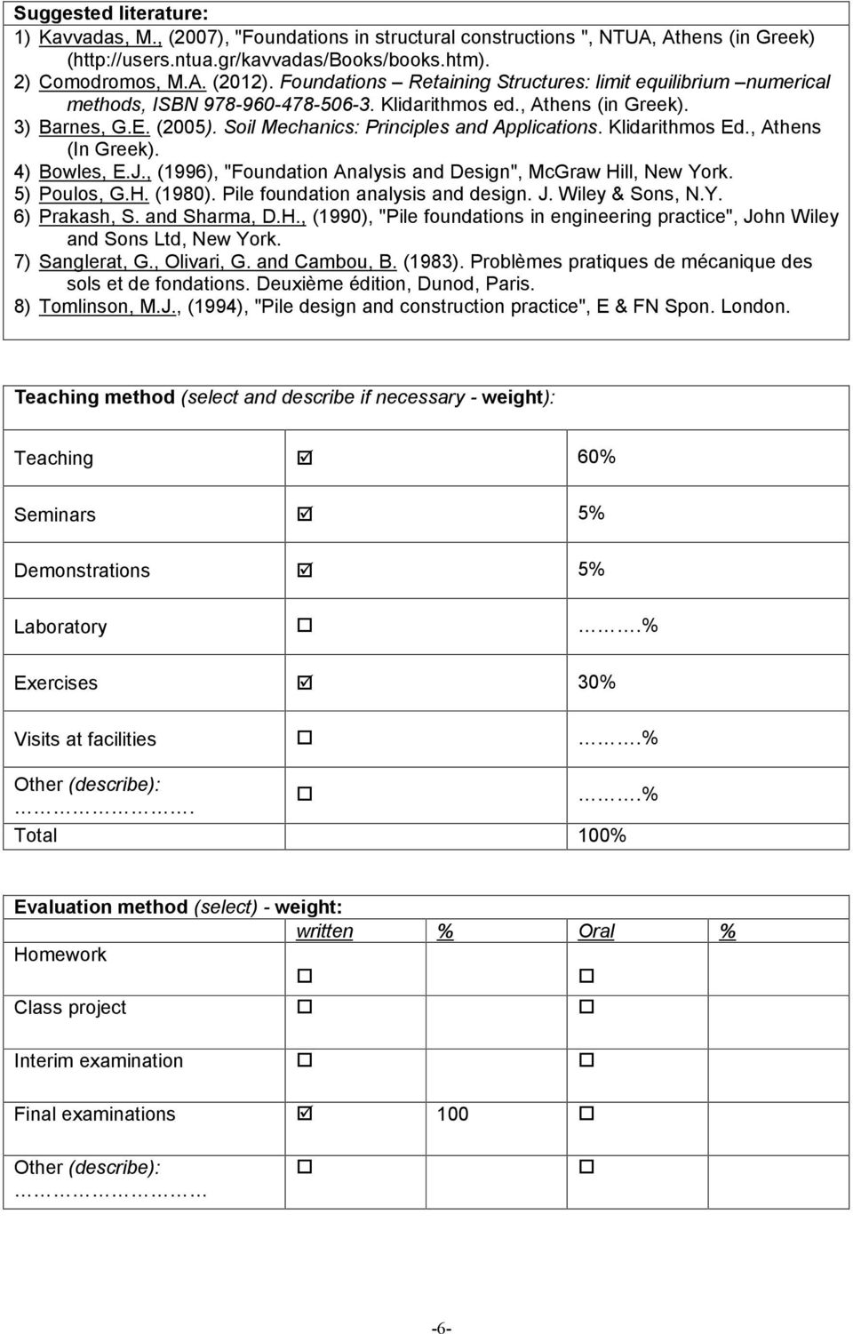 Klidarithmos Ed., Athens (In Greek). 4) Bowles, E.J., (1996), "Foundation Analysis and Design", McGraw Hill, New York. 5) Poulos, G.H. (1980). Pile foundation analysis and design. J. Wiley & Sons, N.