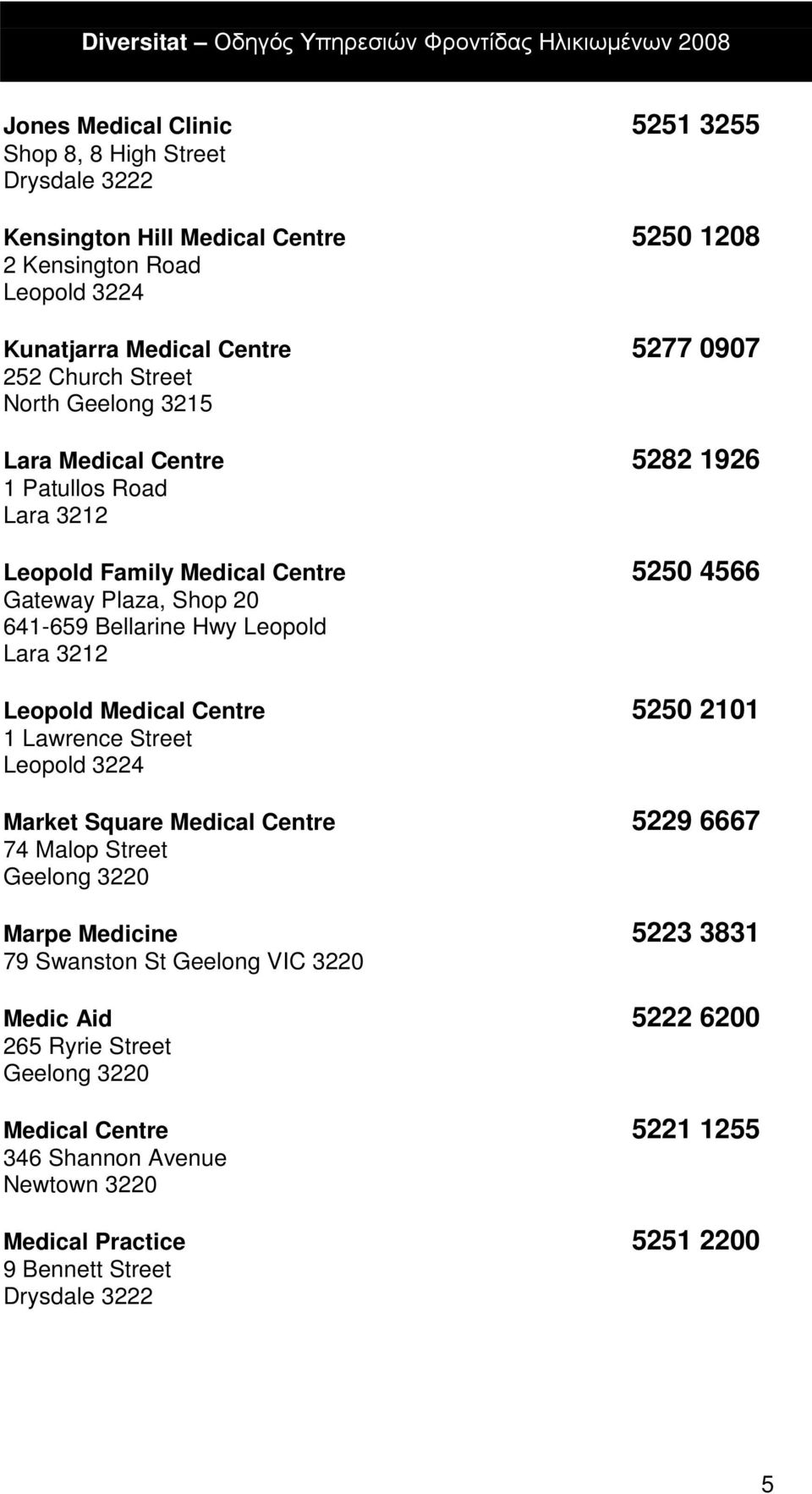 Lara 3212 Leopold Medical Centre 5250 2101 1 Lawrence Street Leopold 3224 Market Square Medical Centre 5229 6667 74 Malop Street Geelong 3220 Marpe Medicine 5223 3831 79 Swanston St