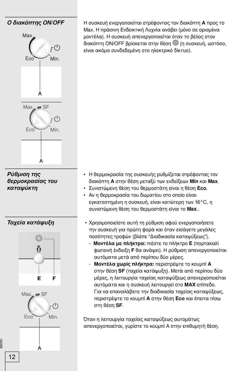 Ρύθμιση της θερμοκρασίας του καταψύκτη Ταχεία κατάψυξη Η θερμοκρασία της συσκευής ρυθμίζεται στρέφοντας τον διακόπτη A στην θέση μεταξύ των ενδείξεων Min και Max.