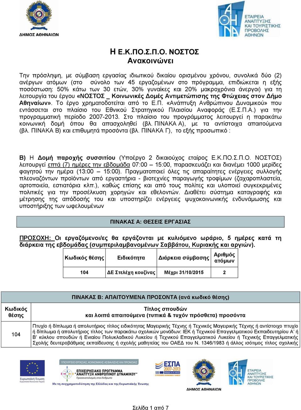 ΝΟΣΤΟΣ Ανακοινώνει Την πρόσληψη, με σύμβαση εργασίας ιδιωτικού δικαίου ορισμένου χρόνου, συνολικά δύο (2) ανέργων ατόμων (στο σύνολο των 45 εργαζομένων στο πρόγραμμα, επιδιώκεται η εξής ποσόστωση: