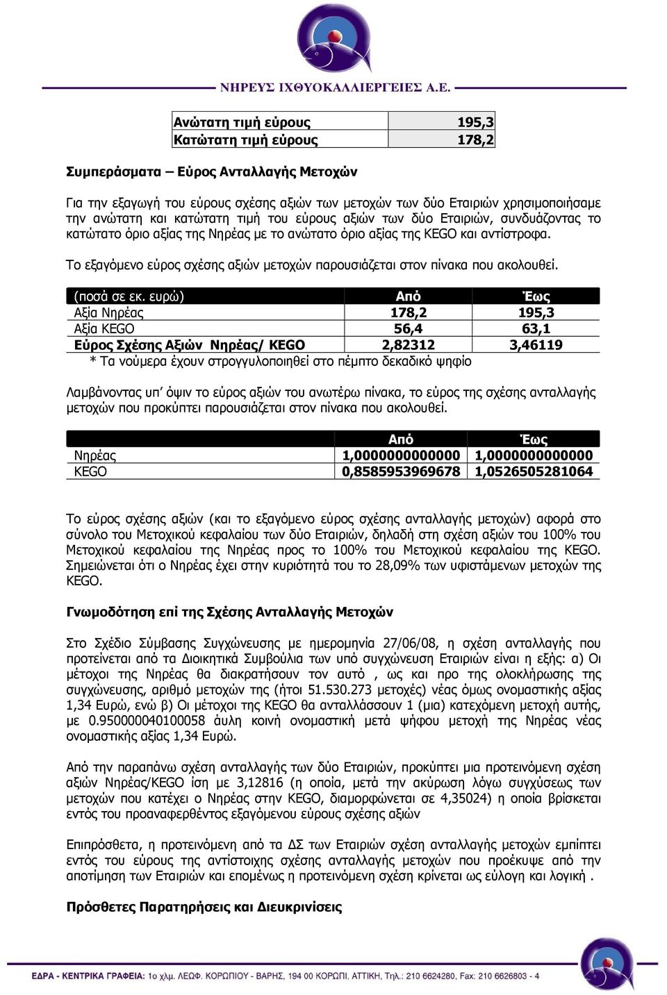 Το εξαγόµενο εύρος σχέσης αξιών µετοχών παρουσιάζεται στον πίνακα που ακολουθεί. (ποσά σε εκ.