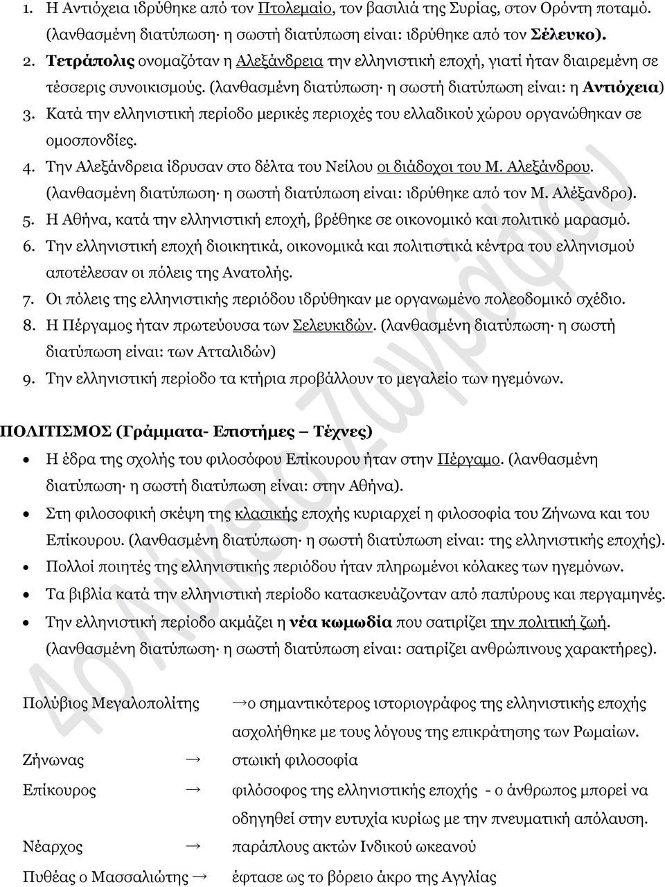 Κατά την ελληνιστική περίοδο μερικές περιοχές του ελλαδικού χώρου οργανώθηκαν σε ομοσπονδίες. 4. Την Αλεξάνδρεια ίδρυσαν στο δέλτα του Νείλου οι διάδοχοι του Μ. Αλεξάνδρου.