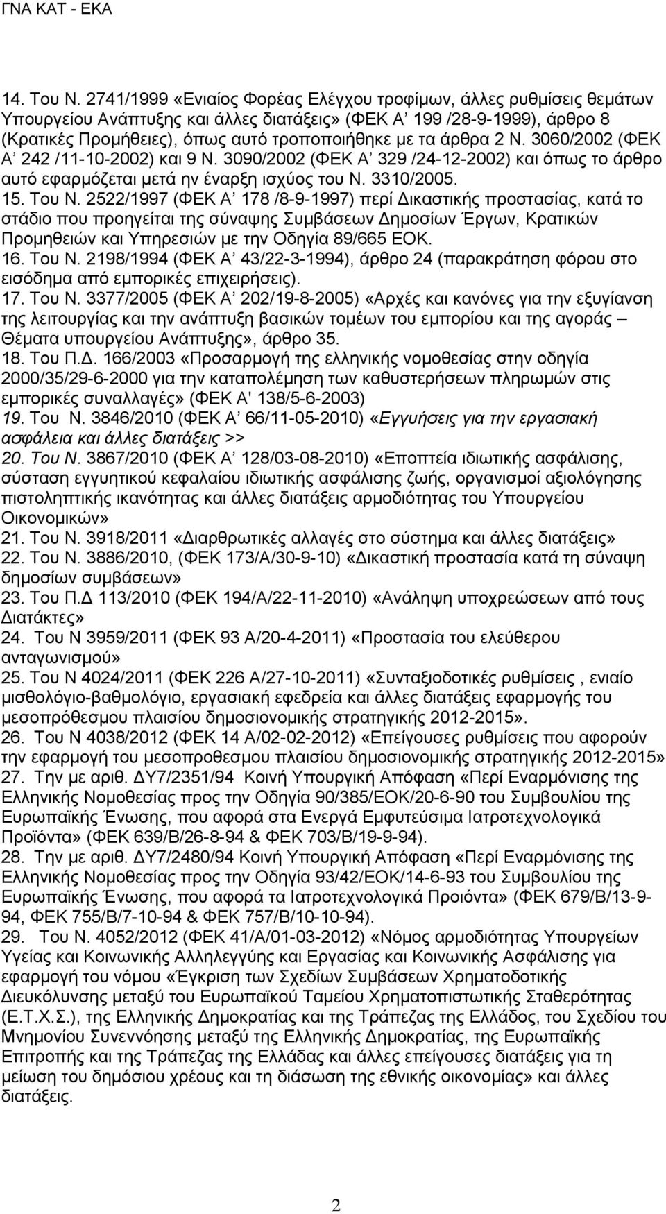 άρθρα 2 Ν. 3060/2002 (ΦΕΚ Α 242 /11-10-2002) και 9 Ν. 3090/2002 (ΦΕΚ Α 329 /24-12-2002) και όπως το άρθρο αυτό εφαρμόζεται μετά ην έναρξη ισχύος του Ν. 3310/2005. 15. Του Ν.