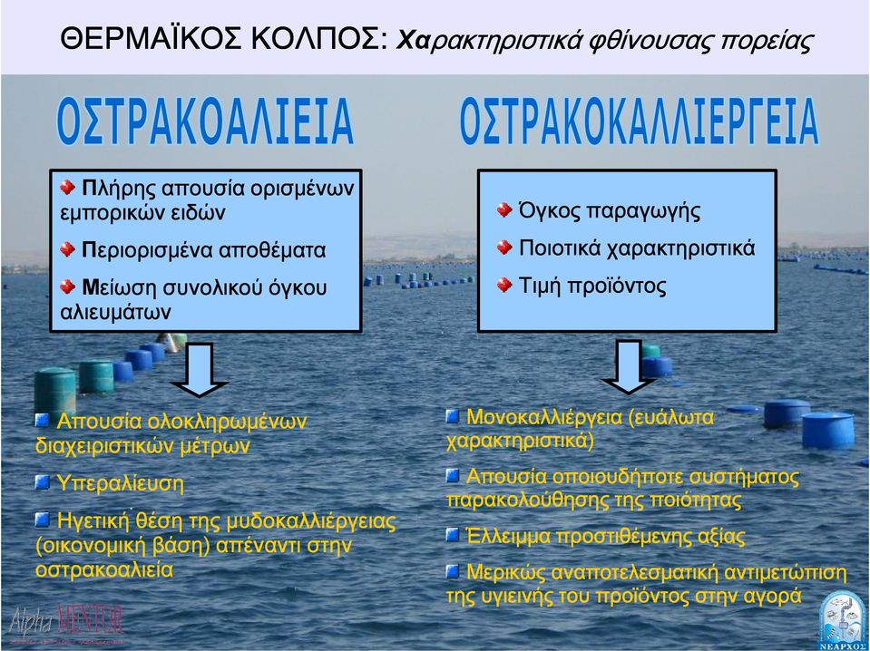 θέση της μυδοκαλλιέργειας (οικονομική βάση) απέναντι στην οστρακοαλιεία Μονοκαλλιέργεια (ευάλωτα χαρακτηριστικά) Απουσία οποιουδήποτε