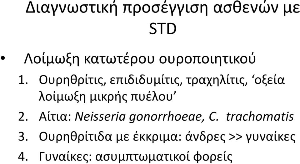 Ουρηθρίτις, επιδιδυμίτις, τραχηλίτις, οξεία λοίμωξη μικρής πυέλου