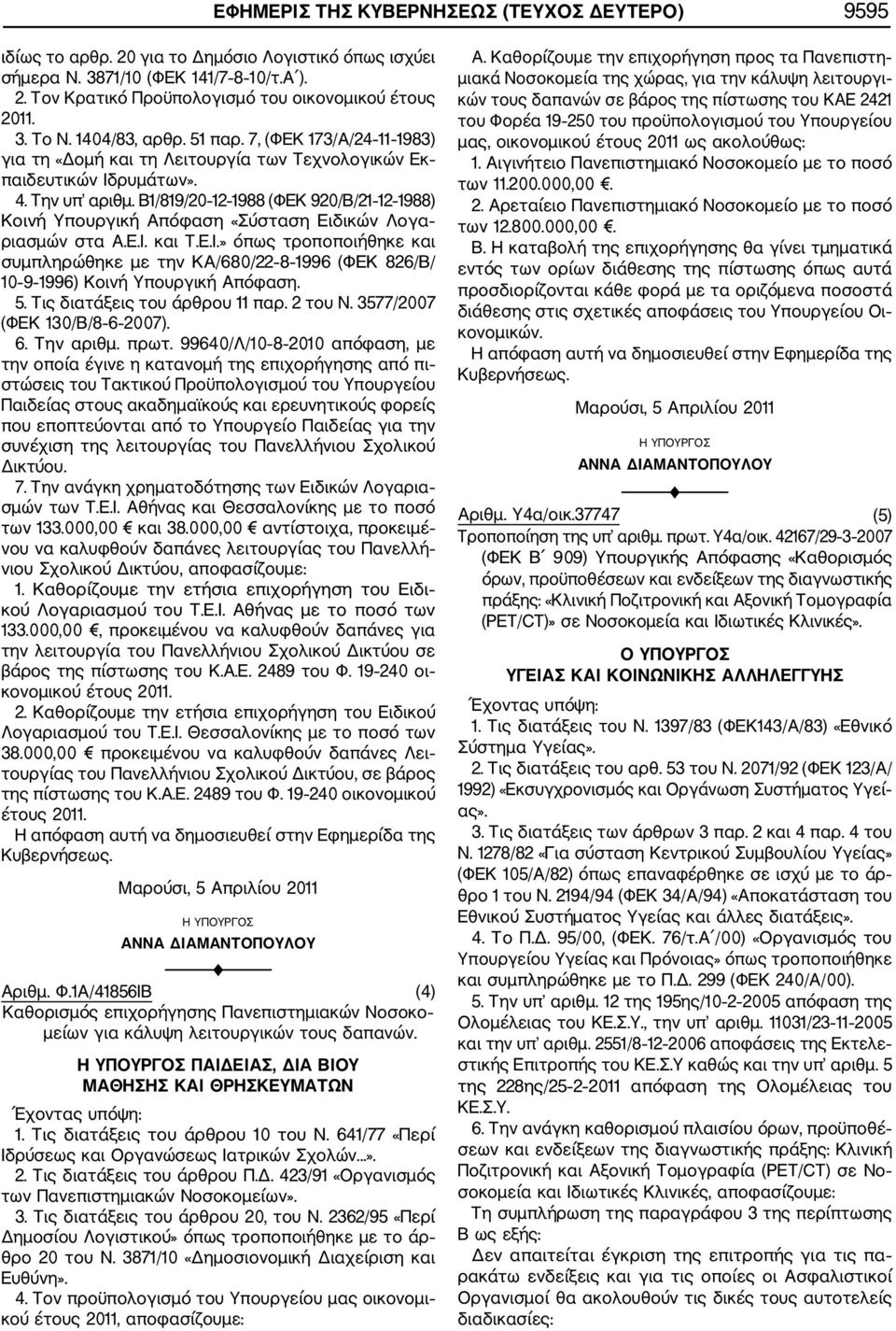 Β1/819/20 12 1988 (ΦΕΚ 920/Β/21 12 1988) Κοινή Υπουργική Απόφαση «Σύσταση Ειδικών Λογα ριασμών στα Α.Ε.Ι.