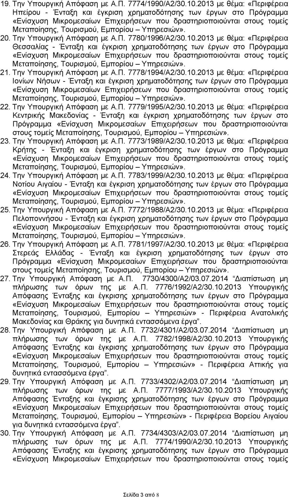 10.2013 με θέμα: «Περιφέρεια Κεντρικής Μακεδονίας - Ένταξη και έγκριση χρηματοδότησης των έργων στο στους τομείς 23. Την Υπουργική Απόφαση με Α.Π. 7773/1989/Α2/30.10.2013 με θέμα: «Περιφέρεια Κρήτης - Ένταξη και έγκριση χρηματοδότησης των έργων στο Πρόγραμμα 24.