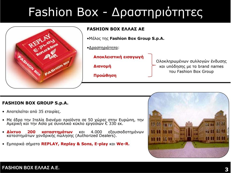 ραστηριότητα: Αποκλειστική εισαγωγή ιανοµή Προώθηση Ολοκληρωµένων συλλογών ένδυσης και υπόδησης µε ταbrand names του Fashion Box Group