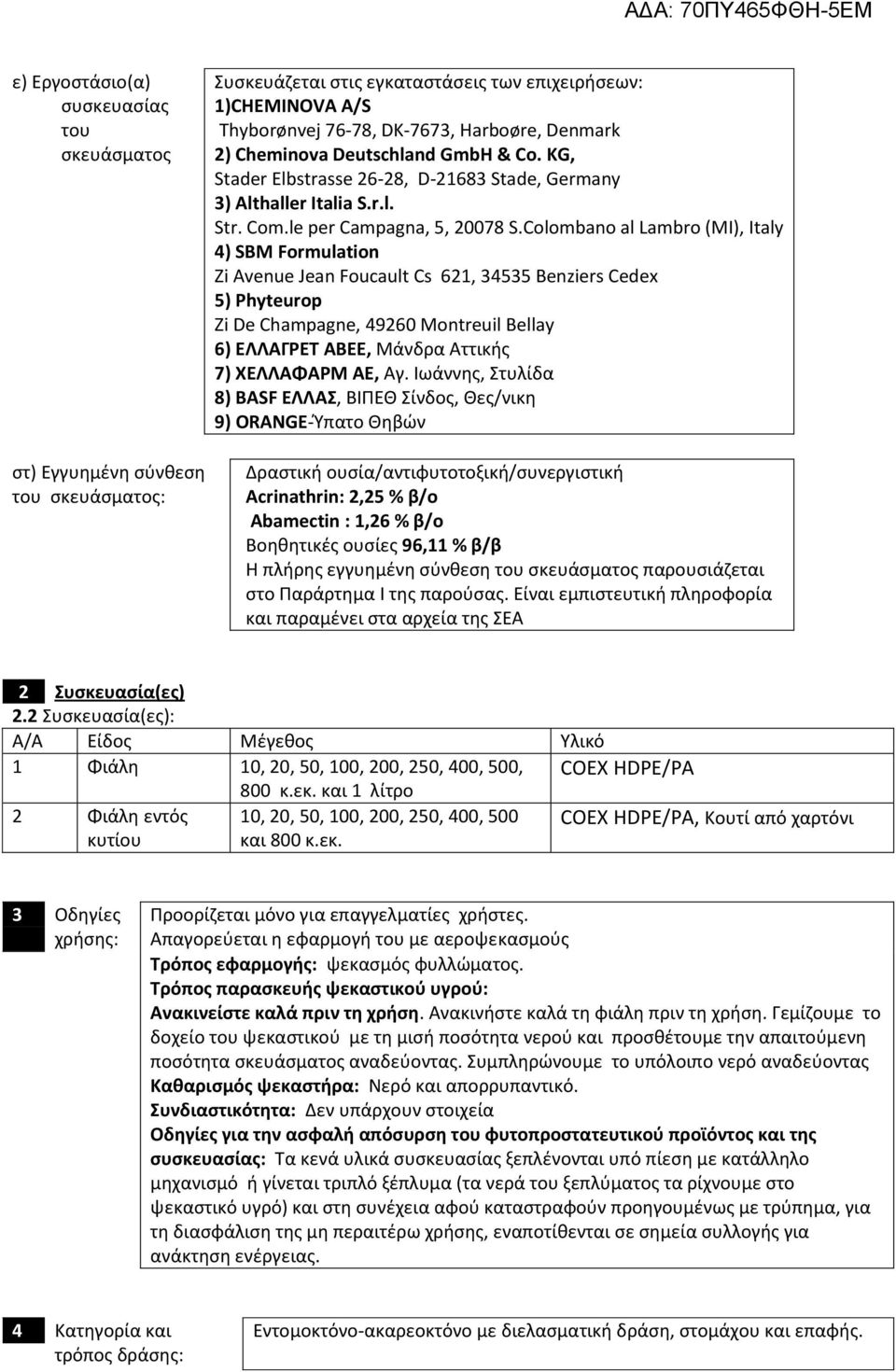 Colombano al Lambro (MI), Italy 4) SBM Formulation Zi Avenue Jean Foucault Cs 62, 34535 Benziers Cedex 5) Phyteurop Zi De Champagne, 49260 Montreuil Bellay 6) ΕΛΛΑΓΡΕΤ ΑΒΕΕ, Μάνδρα Αττικής 7)
