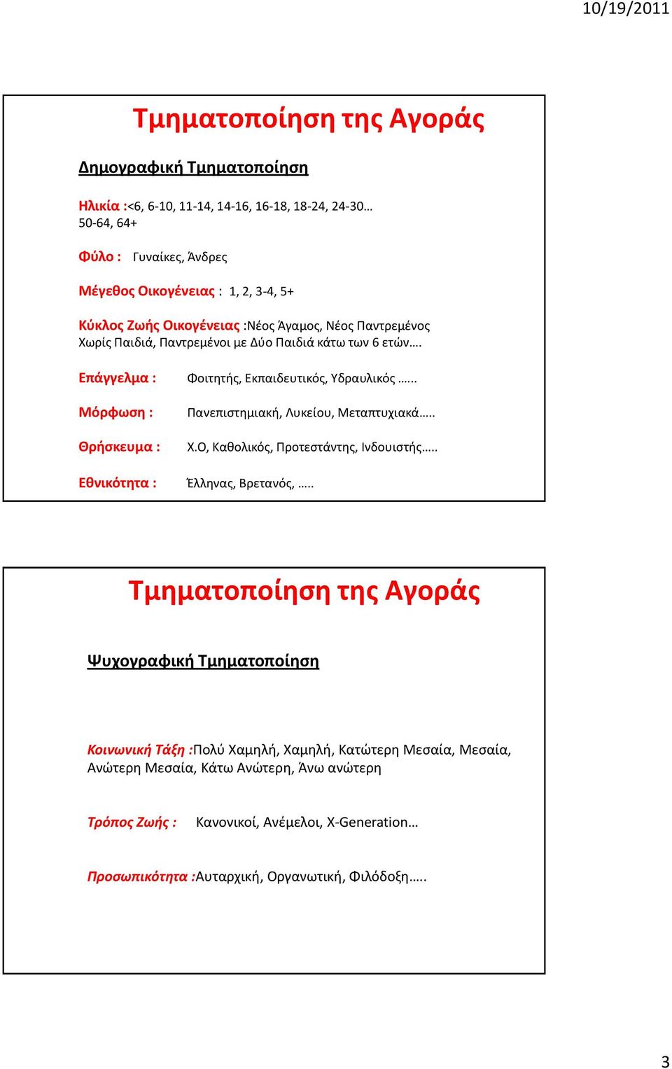 Επάγγελμα : Μόρφωςθ : Θριςκευμα : Εκνικότθτα : Φοιτθτισ, Εκπαιδευτικόσ, Τδραυλικόσ... Πανεπιςτθμιακι, Λυκείου, Μεταπτυχιακά.. Χ.Ο, Κακολικόσ, Προτεςτάντθσ, Ινδουιςτισ.