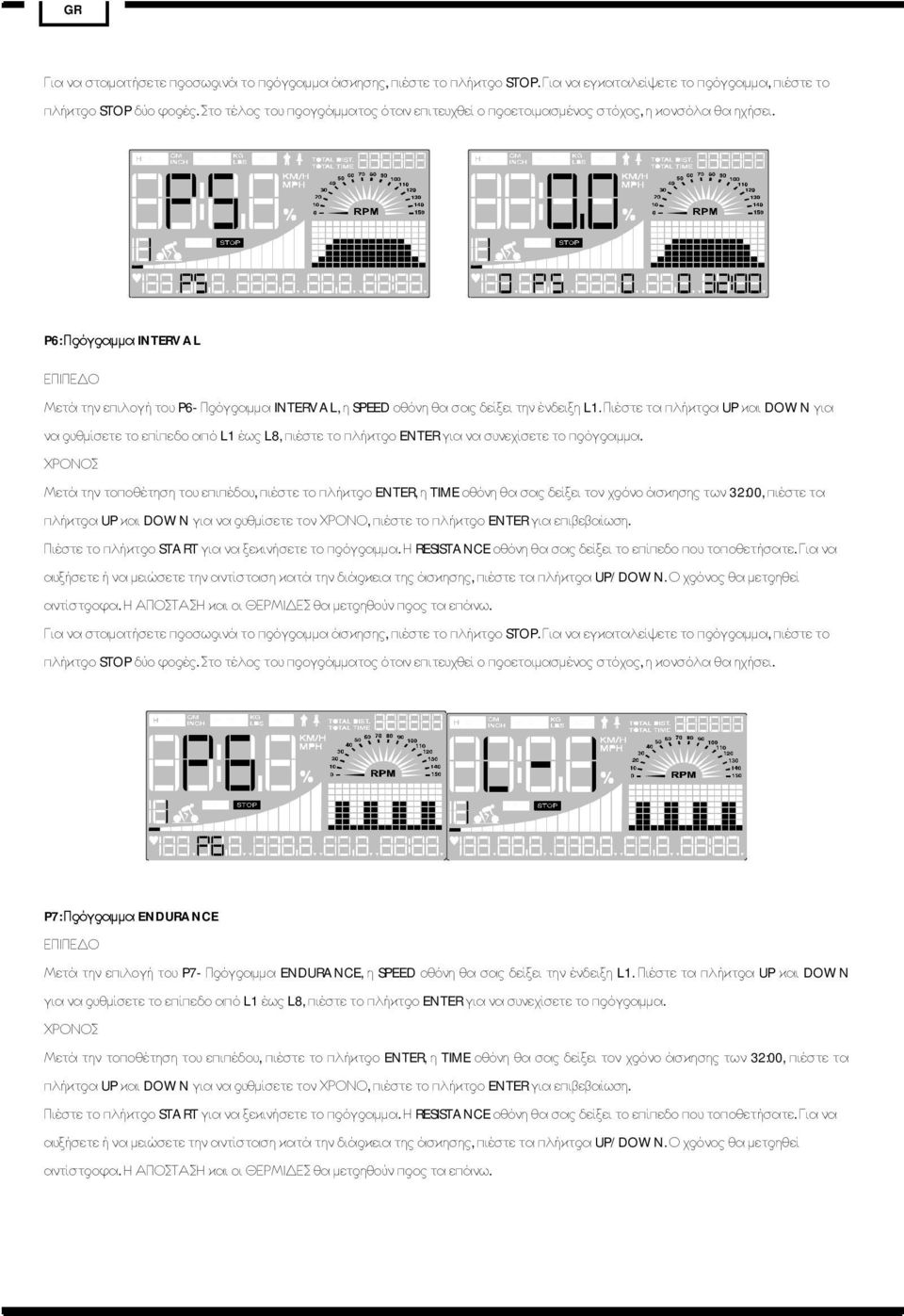 P6: Πρόγραμμα INTERVAL ΕΠΙΠΕΔΟ Μετά την επιλογή του P6- Πρόγραμμα INTERVAL, η SPEED οθόνη θα σας δείξει την ένδειξη L1.