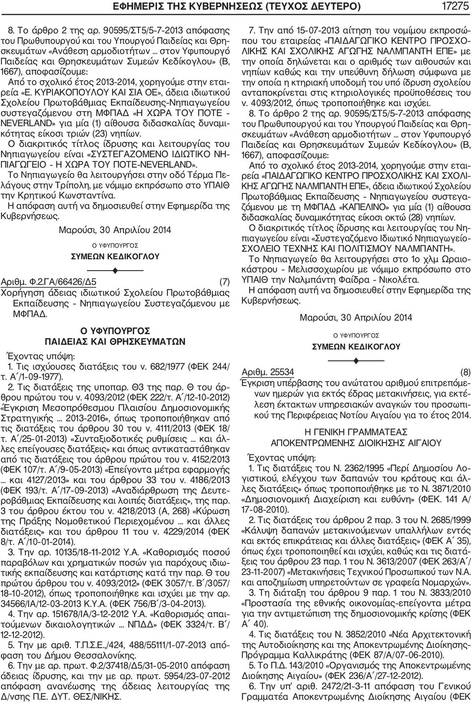 ΚΥΡΙΑΚΟΠΟΥΛΟΥ ΚΑΙ ΣΙΑ ΟΕ», άδεια ιδιωτικού Σχολείου Πρωτοβάθμιας Εκπαίδευσης Νηπιαγωγείου συστεγαζόμενου στη ΜΦΠΑΔ «Η ΧΩΡΑ ΤΟΥ ΠΟΤΕ NEVERLAND» για μία (1) αίθουσα διδασκαλίας δυναμι κότητας είκοσι