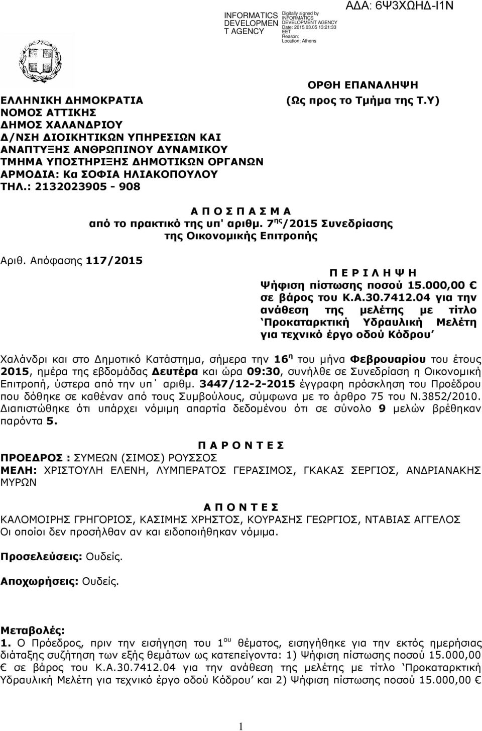 Απόφασης 117/2015 Π Ε Ρ Ι Λ Η Ψ Η Ψήφιση πίστωσης ποσού 15.000,00 σε βάρος του Κ.Α.30.7412.