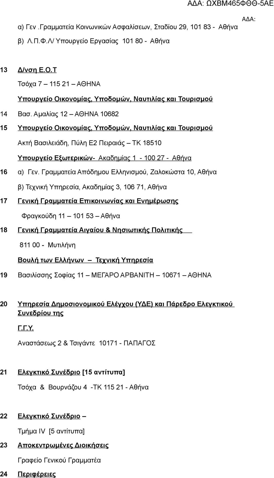 Αμαλίας 12 ΑΘΗΝΑ 10682 15 Υπουργείο Οικονομίας, Υποδομών, Ναυτιλίας και Τουρισμού Ακτή Βασιλειάδη, Πύλη Ε2 Πειραιάς ΤΚ 18510 Υπουργείο Εξωτερικών- Ακαδημίας 1-100 27 - Αθήνα 16 α) Γεν.