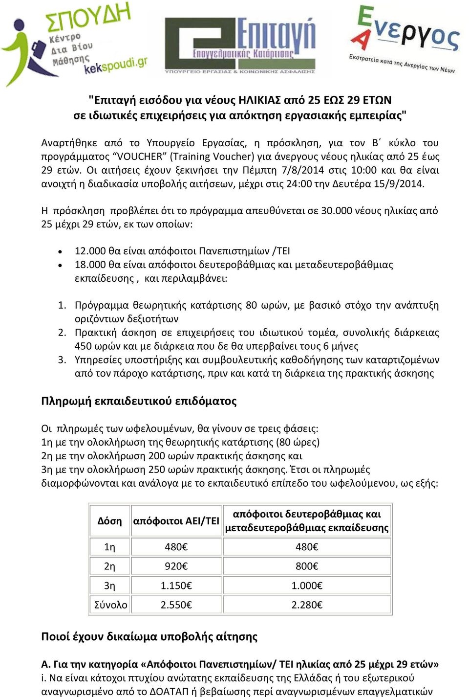 Οι αιτήσεις έχουν ξεκινήσει την Πέμπτη 7/8/2014 στις 10:00 και θα είναι ανοιχτή η διαδικασία υποβολής αιτήσεων, μέχρι στις 24:00 την Δευτέρα 15/9/2014.