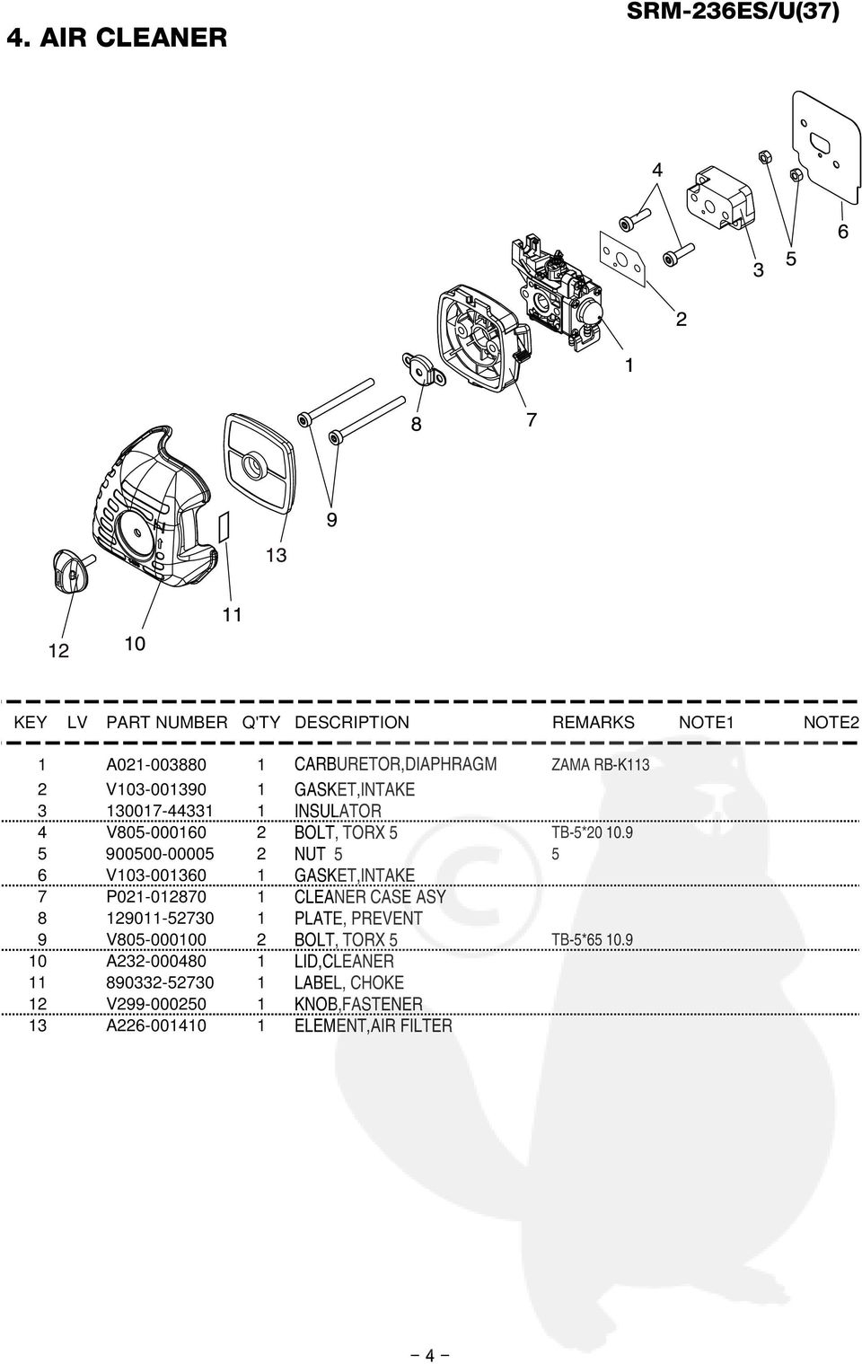 9 5 900500-00005 2 NUT 5 5 6 V103-001360 1 GASKET,INTAKE 7 P021-012870 1 CLEANER CASE ASY 8 129011-52730 1 PLATE,