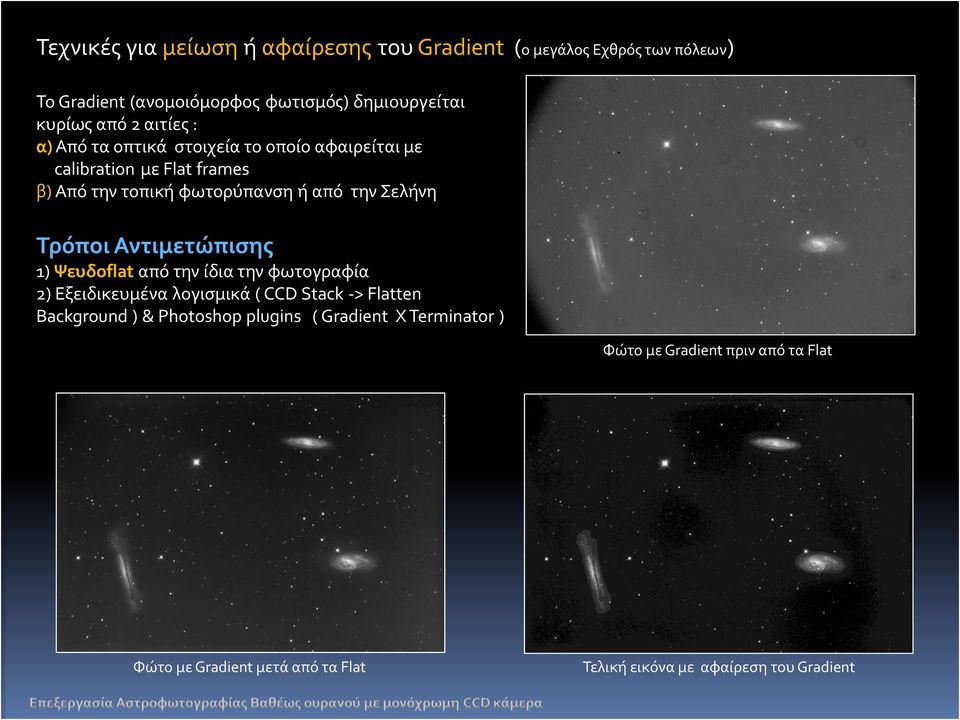 Τρόποι Αντιμετώπισης 1) Ψευδοflat από την ίδια την φωτογραφία 2) Εξειδικευμένα λογισμικά ( CCD Stack -> Flatten Background ) & Photoshop