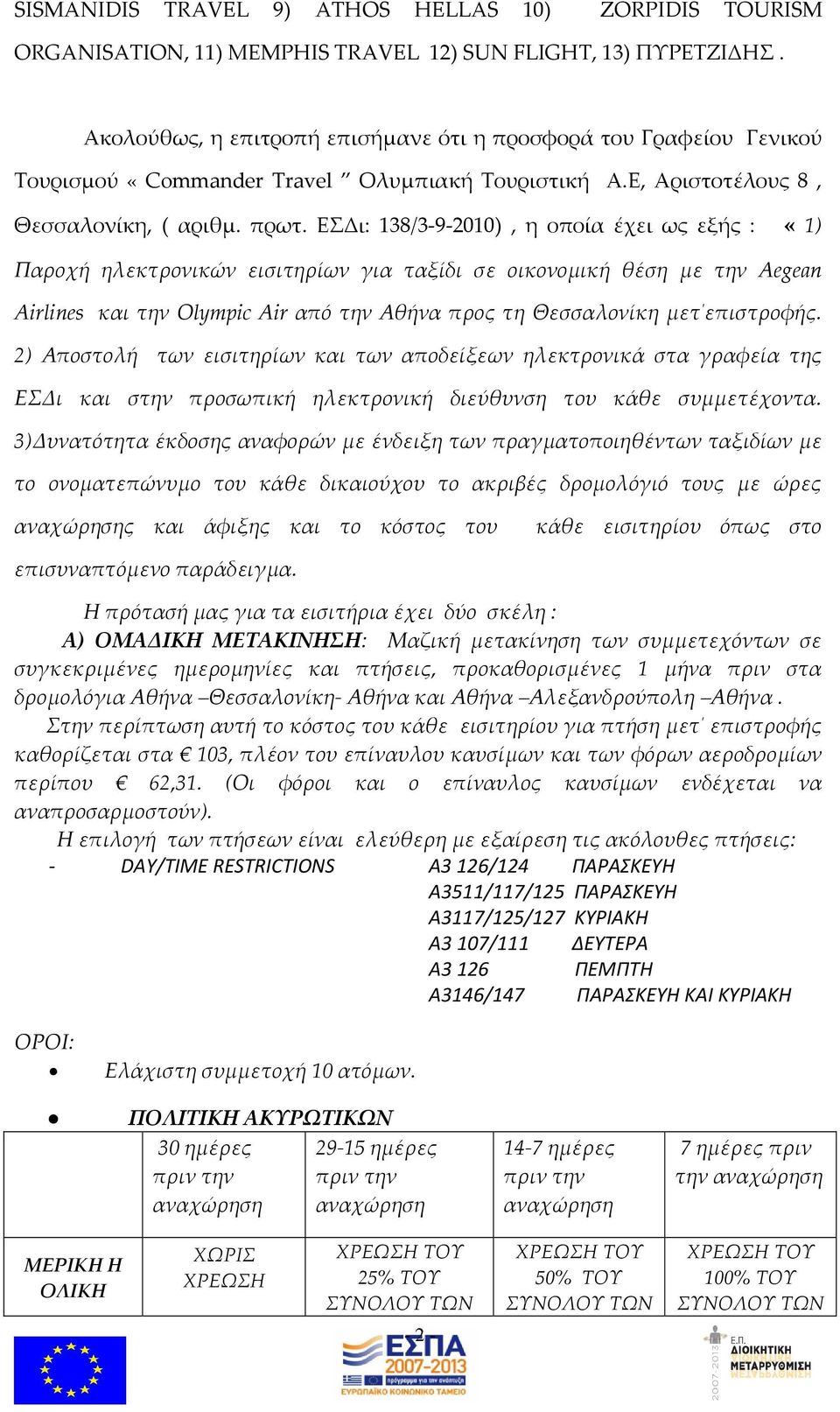 ΕΣΔι: 138/3-9-2010), η οποία έχει ως εξής : «1) Παροχή ηλεκτρονικών εισιτηρίων για ταξίδι σε οικονομική θέση με την Aegean Airlines και την Olympic Air από την Αθήνα προς τη Θεσσαλονίκη μετ