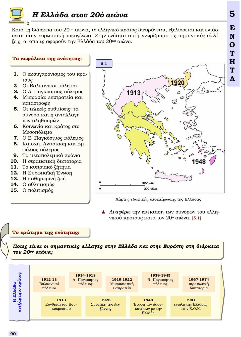 Ο Α' Παγκόµιος πόλεµος 4. Μικραία: εκτρατεία και κατατροφή 5. Οι τελικές ρυθµίεις: τα ύνορα και η ανταλλαγή των πληθυµών 6. Κοινωνία και κράτος το Μεοπόλεµο 7. Ο Β' Παγκόµιος πόλεµος 8.